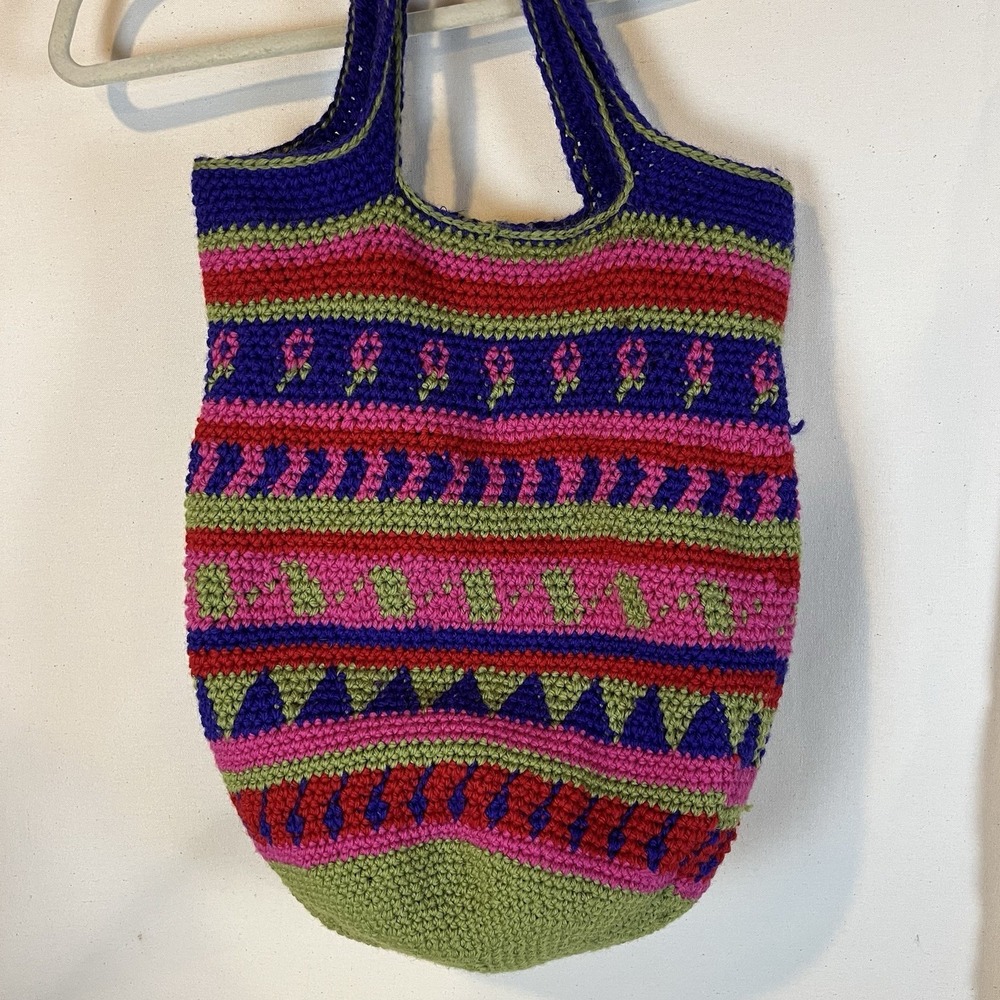 Hand‎ Crocheted Purse Shoulder Bag Purple Pink Green Red Lined Well Made Boho